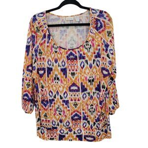 Chicos Multicolor 3/4 Sleeve Boho Peasant Top Sz 3 Ikat Colorful Tribal Rayon